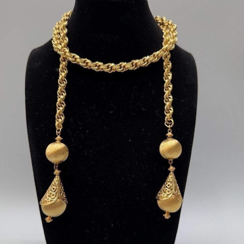 Monet Vintage Bolero Lariat Necklace Gold Tone Tassel Rope Chain 1960s MCM 1960s